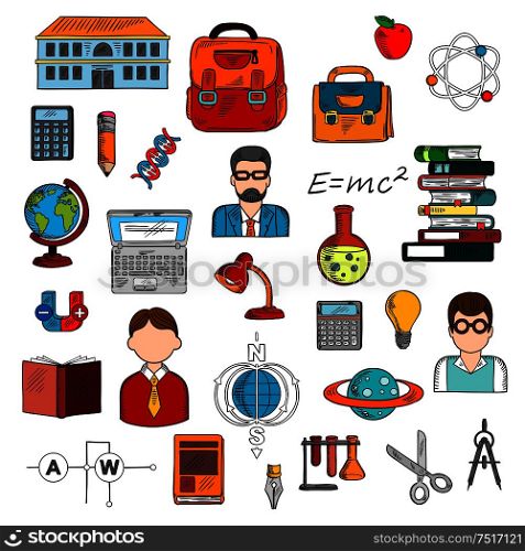 School supplies and teacher with pupils icon for education theme design with colorful sketches of books, calculators, laptop, pencil, backpacks, school building, globe, light bulb, formula, DNA, atom, laboratory flasks, circuit, magnet, scissors, planet, compasses and model of earth magnetic field . Teacher with pupils and school supplies sketch