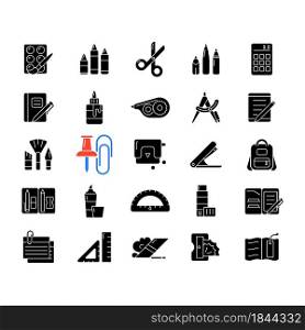 School supplies black glyph icons set on white space. Must-have items for back to school. Instruments for office. Art classroom. Writing tools. Silhouette symbols. Vector isolated illustration. School supplies black glyph icons set on white space