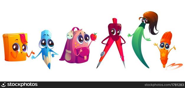 School supplies cartoon characters. Student education stationery mascots pencil, felt-tip pen, painting brush, textbook, backpack and compass with cute kawaii faces. Funny educational stuff Vector set. School supplies cartoon characters, cute mascots