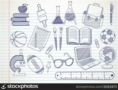 school supplies doodles set hand drawn , vector illustration