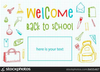 School Supplies. Education Supplies set. in doodle style. Vector illustration, a set of images. Briefcase brushes pencils. School Supplies set. Education Supplies set. in doodle style. Vector illustration, a set of images. Briefcase brushes pencils