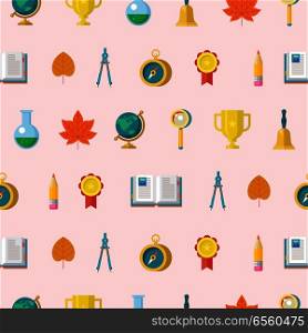 School supplies. Globe, open book, pencil, gold Cup, compass, compass. Design elements on a white background. Colorful seamless patterns on the theme of education, school, autumn. Vector illustration in flat style.