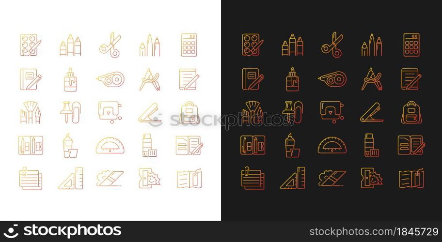 School supplies gradient icons set for dark and light mode. Must-have items for back to school. Thin line contour symbols bundle. Isolated vector outline illustrations collection on black and white. School supplies gradient icons set for dark and light mode