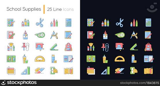 School supplies light and dark theme RGB color icons set. Must-have items for back to school. Art classroom. Isolated vector illustrations on white and black space. Simple filled line drawings pack. School supplies light and dark theme RGB color icons set