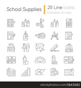 School supplies linear icons set. Must-have items for back to school. Instruments for office, art class. Customizable thin line contour symbols. Isolated vector outline illustrations. Editable stroke. School supplies linear icons set