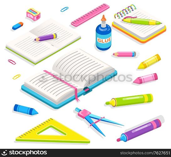 School supplies, notebook and pencil with sharpener, ruler and dividers. Office or chancellery, clip accessory, textbook and pen, writing equipment. Back to school concept. Flat cartoon isometric 3d. Office Accessory, School Supplies, Chancery Vector