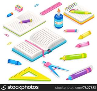 School supplies, notebook and pencil with sharpener, ruler and dividers. Office or chancellery, clip accessory, textbook and pen, writing equipment. Back to school concept. Flat cartoon isometric 3d. Office Accessory, School Supplies, Chancery Vector