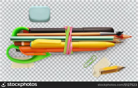 School supplies. Pen, pencil, brush, scissors. 3d vector icon set
