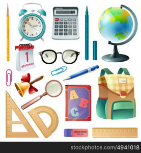 School Supplies Realistic Icons Collection . Back to school supplies icons collection with classroom accessories schoolbag textbooks and alarm clock realistic vector illustration