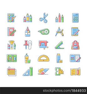School supplies RGB color icons set. Must-have items for back to school. Instruments for office. Art classroom. Writing tools. Isolated vector illustrations. Simple filled line drawings collection. School supplies RGB color icons set