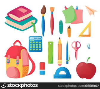 School supplies set - books backpack calculator brushes ruler eraser pen pencil markers notes scissors paper clip apple Elements isolated on white background Vector illustration. School supplies set - books, backpack, calculator, brushes, ruler, eraser, pen, pencil, markers, notes, scissors, apple, paper clip. Elements isolated on white background. Vector illustration.