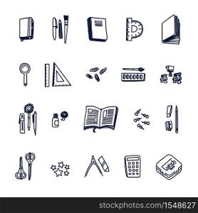 School supplies set. Doodle black outline icons. Vector illustration. School supplies set. Doodle black outline icons. Vector illustration.