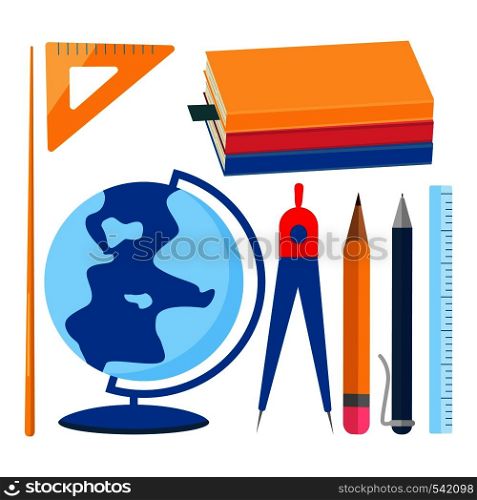 School supplies set. Textbooks, globe, pointer, compass, pen pencil ruler Flat design vector illustration. School supplies set. Textbooks, globe, pointer, compass, pen, pencil, ruler.