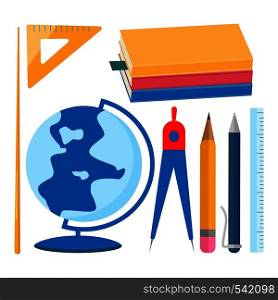 School supplies set. Textbooks, globe, pointer, compass, pen pencil ruler Flat design vector illustration. School supplies set. Textbooks, globe, pointer, compass, pen, pencil, ruler.