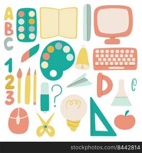 School supplies set vector illustration. Back to school with stationery. Hand drawn schoolchild items. Clipart book, scissors, ruler, computer, pen, pencil, paint and more. School supplies set vector illustration