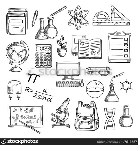 School supplies sketch symbols for back to school concept design with desktop computer and books, calculator and globe, backpack and microscope, blackboard and laboratory flasks, DNA and atom, formula and drawings, magnet and clipboard. School supplies sketches for education design