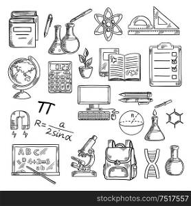 School supplies sketch symbols for back to school concept design with desktop computer and books, calculator and globe, backpack and microscope, blackboard and laboratory flasks, DNA and atom, formula and drawings, magnet and clipboard. School supplies sketches for education design