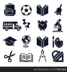 School symbols. Vector black icons set of school icons. Education and learning, teaching study illustration. School symbols. Vector black icons set of school icons