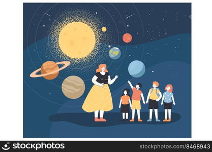 School teacher and kids studying astronomy in planetarium. Woman and children standing near hologram map with planets of solar system flat vector illustration. Educational trip, science concept. School teacher and kids studying astronomy in planetarium