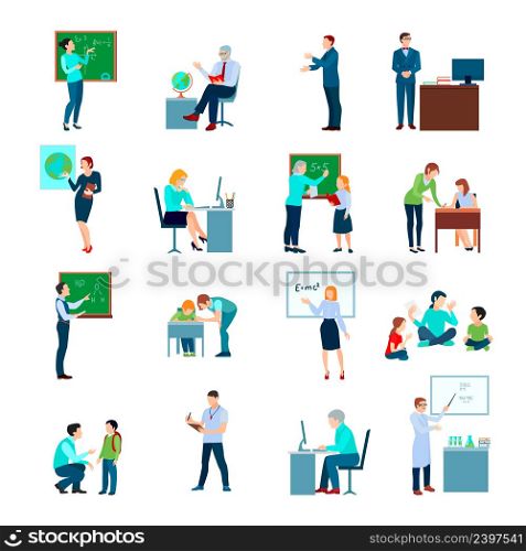 School teacher colored icons set with teacher at blackboard and pupils at desk flat isolated vector illustration. Teacher People Flat Colored Icons Set