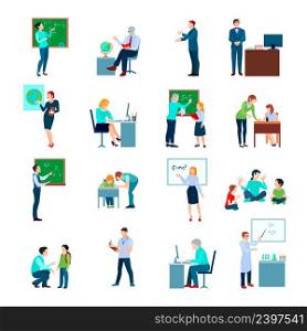 School teacher colored icons set with teacher at blackboard and pupils at desk flat isolated vector illustration. Teacher People Flat Colored Icons Set