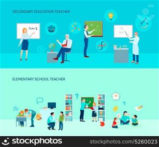 School Teacher Flat Banners Set . Elementary and secondary education school teachers in classroom 2 flat horizontal background banners set isolated vector illustration
