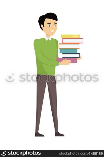 School Teacher Isolated Character. Brunet school teacher in green pullover and gray pants with stack of books. Smiling man with books. Stand in front. Learning process. Teacher isolated character. School personage. Vector illustration