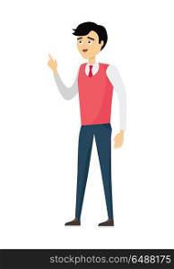 School Teacher Isolated Character. Brunet school teacher in red pullover and blue pants. Smiling teacher with raised hand. Stand in front. Learning process. Teacher isolated character. School personage. Vector illustration