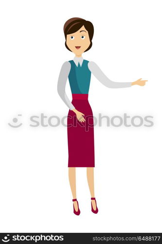 School Teacher Isolated Character. School teacher in green blouse and red skirt. Smiling teacher with empty hands on one side. Learning process. Stand in front. Teacher isolated character. School personage. Vector illustration