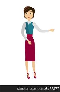 School Teacher Isolated Character. School teacher in green blouse and red skirt. Smiling teacher with empty hands on one side. Learning process. Stand in front. Teacher isolated character. School personage. Vector illustration