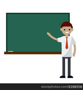School teacher stands near blackboard. Lecturer in College in classroom. Clean chalkboard for chalk text. Element of Cabinet. Profession at University. man in the suit. Cartoon flat illustration. School teacher stands near blackboard