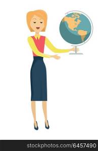 School Teacher with Earth Globe. Blonde school teacher in red blouse and blue skirt. Smiling teacher with earth globe in hand. Stand in front. Learning process. Teacher isolated character. School personage. Vector illustration