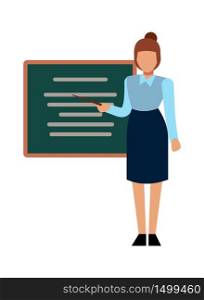 School teacher. Woman presenting or explaining in front of graphic board, vector cartoon education learning character. School teacher. Woman presenting or explaining in front of graphic board, vector cartoon education character