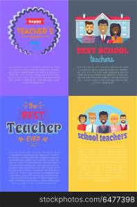 School Teachers Placard on Vector Illustration. School teachers set of four placard demonstrating both titles in frame or ribbon and icons of teachers and schoolhouse vector illustration