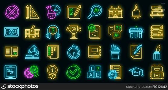 School test icons set. Outline set of school test vector icons neon color on black. School test icons set vector neon