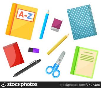 School textbook and copybook, stationery supplies vector. Alphabet book and notebook, pencil and pen, eraser and scissors, notepad isolated objects. Back to school concept. Flat cartoon. Stationery Supply, School Textbooks and Copybooks