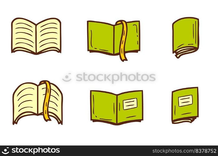 School textbook icons collection isolated on white background. Knowledge and education symbol doodle set. Hand drawn vector illustration for decor and design.