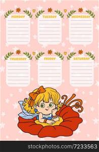 School timetable for children with days of week. Color cartoon fairy girl