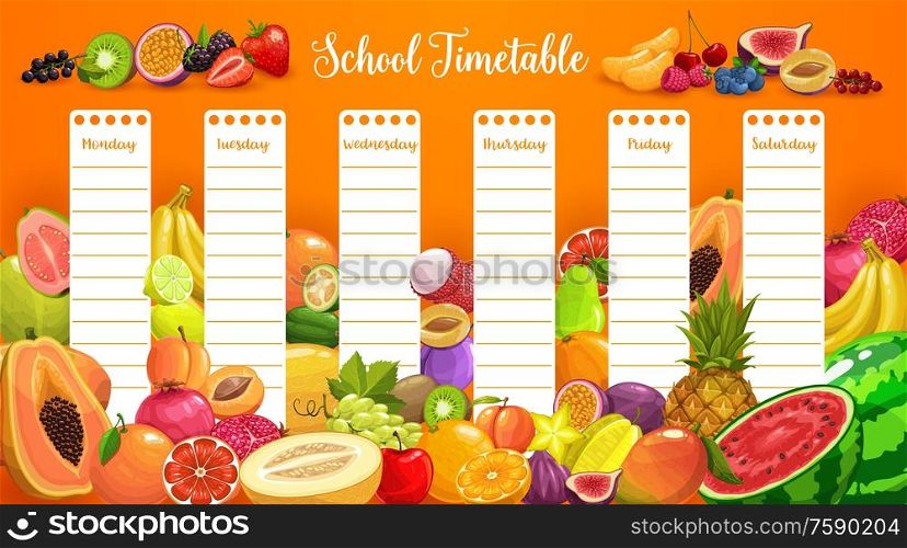 School timetable lessons weekly planner with tropical fruits and berries. School schedule timetable , vector template with plum, mango and papaya, watermelon, lychee and melon, grape, berries and figs. School timetable schedule with tropical fruits