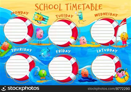 School timetable schedule, cartoon vitamin and mineral characters on beach vacations, vector education plan. Kids school timetable or lessons schedule with micronutrients calcium, iron and natrium. School timetable schedule, cartoon vitamins, beach