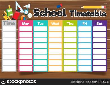 School timetable template with school supplies.