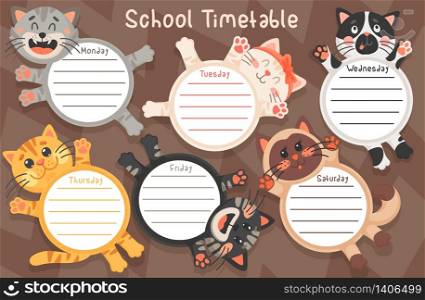 School timetable vector template of education schedule with cute cats. Student chart or study planner with cartoon cat, kitten or kitty animals with funny faces and paws, black and white spots, bow. School timetable or schedule template, education