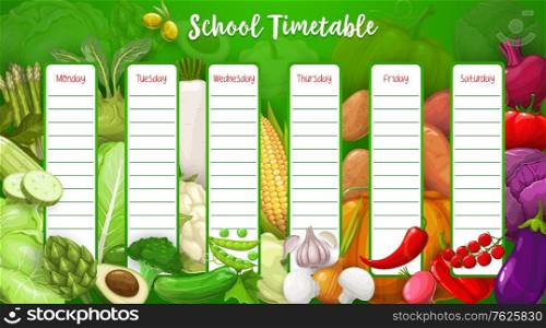 School timetable with farm vegetables. Cartoon vector week schedule template with squash, artichoke and cauliflower, green pea, corn and avocado. Time table with veggies tomato, eggplant and beet. School timetable with farm veggies, template