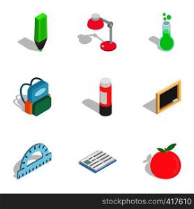 School tools icons set. Isometric 3d illustration of 9 school tools vector icons for web. School tools icons, isometric 3d style
