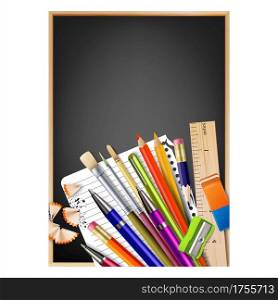 School Tools Store Sale Advertise Poster Vector. Ruler And Eraser, Pencils And Note Paper Page, Sharpener And Paint Brush Tools Blackboard Frame On Background. Concept Layout Realistic 3d Illustration. School Tools Store Sale Advertise Poster Vector