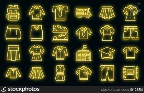 School uniform icons set. Outline set of school uniform vector icons neon color on black. School uniform icons set vector neon