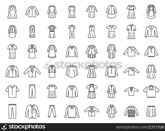 School uniform icons set outline vector. Formal general. Class apparel. School uniform icons set outline vector. Formal general