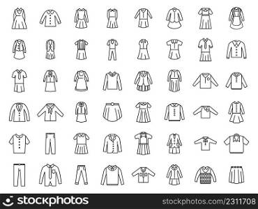 School uniform icons set outline vector. Formal general. Class apparel. School uniform icons set outline vector. Formal general