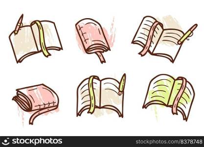 School university books and textbooks icons collection. Logo design  for book shop, library, school, university. Doodle vector illustration for decor and design.