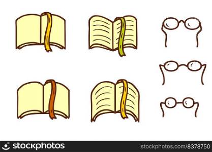 School university textbook and glass icons collection. Knowledge and education symbol doodle set. Hand drawn vector illustration for decor and design.